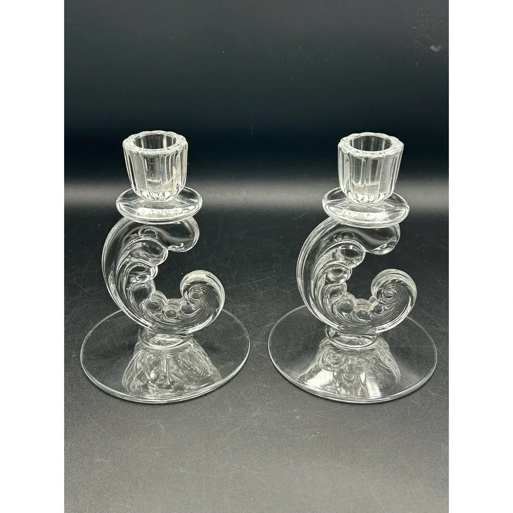 VTG Art Deco MCM Fostoria Plume Solid Clear Lead Crystal Pair of Candle Holder